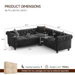 ONBRILL Velvet Chesterfield Sofa, L Shaped Sectional Sofa with Tufted Back & Rolled Arms, 3 Throw Pillows, Small Corner Sectional Couch for Living Room, Apartment, Black