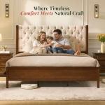 Jocisland Solid Wood King Size Bed Frame, 57" Tall Farmhouse Platform Beds, Upholstered Line Wingback Headboard, Deep Button Tufted, No Box Spring Needed, Easy Assembly, Dark Walnut