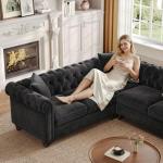 ONBRILL Velvet Chesterfield Sofa, L Shaped Sectional Sofa with Tufted Back & Rolled Arms, 3 Throw Pillows, Small Corner Sectional Couch for Living Room, Apartment, Black