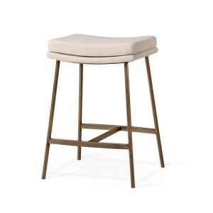 Maven Lane Berkley Backless Counter Stool 26 Inch – Saddle Stool with Footrest – Aged Gold Metal Frame & Beige Fabric Upholstery – Perfect for Kitchen Island & Counters