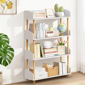OUTONLIFE 4-Tier Wooden Bookshelf, Modern Open Bookcase with Solid Wood Frame and Top Edge, Sturdy Freestanding Storage Organizer for Living Room, Bedroom, Home Office (White)
