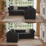 ONBRILL Velvet Chesterfield Sofa, L Shaped Sectional Sofa with Tufted Back & Rolled Arms, 3 Throw Pillows, Small Corner Sectional Couch for Living Room, Apartment, Black