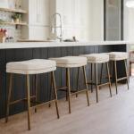 Maven Lane Berkley Backless Counter Stool 26 Inch – Saddle Stool with Footrest – Aged Gold Metal Frame & Beige Fabric Upholstery – Perfect for Kitchen Island & Counters