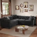 ONBRILL Velvet Chesterfield Sofa, L Shaped Sectional Sofa with Tufted Back & Rolled Arms, 3 Throw Pillows, Small Corner Sectional Couch for Living Room, Apartment, Black