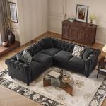 ONBRILL Velvet Chesterfield Sofa, L Shaped Sectional Sofa with Tufted Back & Rolled Arms, 3 Throw Pillows, Small Corner Sectional Couch for Living Room, Apartment, Black