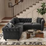 ONBRILL Velvet Chesterfield Sofa, L Shaped Sectional Sofa with Tufted Back & Rolled Arms, 3 Throw Pillows, Small Corner Sectional Couch for Living Room, Apartment, Black