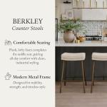 Maven Lane Berkley Backless Counter Stool 26 Inch – Saddle Stool with Footrest – Aged Gold Metal Frame & Beige Fabric Upholstery – Perfect for Kitchen Island & Counters