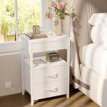 Nightstand Bedside Table Hidden Drawer - Night Stand with Charging Station and Sliding Top Storage, Bed Side Table with 2 Fabric Drawers, Modern Nightstand for Bedroom Dorm Living Room, White