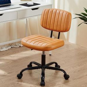 Sweetcrispy Small Office Desk Chair - Armless PU Leather with Comfy Lumbar Support, Height Adjustable Rolling Swivel Task for No Arms, for Adult, Student, Bedroom, Home, Vanity, Brown