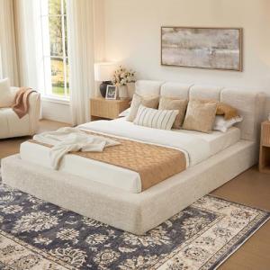 Yechen Cloud Queen Bed Frame with 9'' Headboard, 6.3'' Thick Bed Frame with Culp Fabric Upholstered, Modern Floor-Standing All Foam Platform Support, Tool-Free Assembly, No Box Spring Needed, Cream