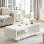 IFGET 48" Modern Coffee Table, 2-Tier Minimalist Center Table with Storage Shelf, Curved Profile Design, Wooden Rectangular Living Room Table w/Wood Thick Design for Living Room, Office, White