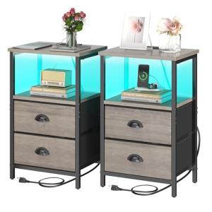 sthmec Nightstand with Charging Station, LED Night Stand Set of 2, Bedside Table End Table with Drawer, Bedroom Tables with 2 Fabric Drawers, 3-Tier Storage Side Table for Bedroom,Grey