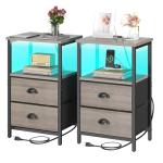 sthmec Nightstand with Charging Station, LED Night Stand Set of 2, Bedside Table End Table with Drawer, Bedroom Tables with 2 Fabric Drawers, 3-Tier Storage Side Table for Bedroom,Grey