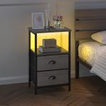 sthmec Nightstand with Charging Station, LED Night Stand Set of 2, Bedside Table End Table with Drawer, Bedroom Tables with 2 Fabric Drawers, 3-Tier Storage Side Table for Bedroom,Grey
