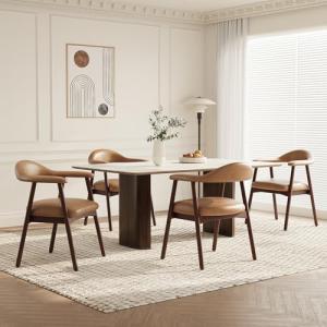 MALOL Leather Dining Chair with Armrest Set of 4, Upholstered Dining Room Chair with Curved Back and Wood Legs, Mid Century Modern Kitchen Chairs for Kitchen Dining Room,Brown