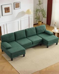 Karl home 110" U-Shape Sectional Couches for Living Room Chenille Upholstery 4 Seat Sofa Set with Double Chaises & Wood Grain Legs for Apartment, Green