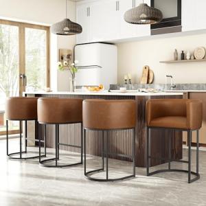 VATROS 26" H Counter Height Bar Stools Set of 4, Modern Barrel Counter Stools with Backrest and Arms, Faux Leather Upholstered Accent Barstools for Kitchen Island,Support 450 LBS (Walnut Brown