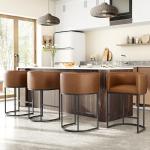VATROS 26" H Counter Height Bar Stools Set of 4, Modern Barrel Counter Stools with Backrest and Arms, Faux Leather Upholstered Accent Barstools for Kitchen Island,Support 450 LBS (Walnut Brown