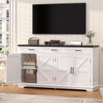 usikey 61” Large Sideboard Buffet Cabinet with 4 Doors and 3 Drawers, Farmhouse Buffet Table, Dining Room Storage Cabinet for Kitchen or Living Room, White