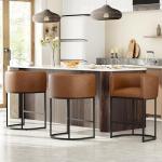 VATROS 26" H Counter Height Bar Stools Set of 4, Modern Barrel Counter Stools with Backrest and Arms, Faux Leather Upholstered Accent Barstools for Kitchen Island,Support 450 LBS (Walnut Brown