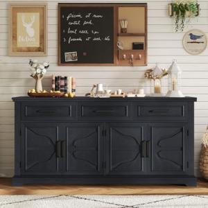 AMERLIFE 63" Large Sideboard Buffet Cabinet with 3 Drawers, 32" Tall Farmhouse Accent Cabinet with 4 Doors & Adjustable Shelves, Coffee Bar Wine Storage Table for Dining Room, Living Room, Black