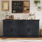 AMERLIFE 63" Large Sideboard Buffet Cabinet with 3 Drawers, 32" Tall Farmhouse Accent Cabinet with 4 Doors & Adjustable Shelves, Coffee Bar Wine Storage Table for Dining Room, Living Room, Black
