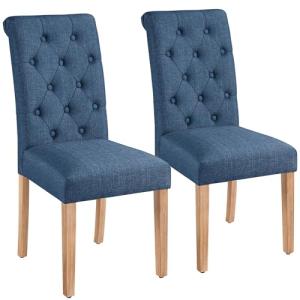 Yaheetech Dining Chairs Set of 2 Fabric Upholstered Dining Room Chairs with Button Tufted High Back and Solid Wood Legs for Kitchen/Living Room/Restaurant, Modern Style, Blue