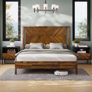 Bme Vivian 14 Inch Queen Size Bed Frame with Headboard, Rustic & Scandinavian Style with Solid Acacia Wood, No Box Spring Needed, 12 Strong Wood Slat Support, Easy Assembly, Queen, Chestnut