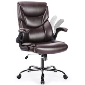 DUMOS PU Leather Office Chair - Ergonomic Executive Computer Desk Chairs with Adjustable Flip-up Armrest, Swivel Task Chair with Lumbar Support, Strong Metal Base,Dark Brown