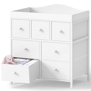 BOLUO Changing Table Dresser with Storage, Baby Dresser with Changing Table Top Diaper Changing Station with 7 Fabric Drawers for Nursery Modern