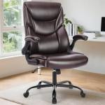 DUMOS PU Leather Office Chair - Ergonomic Executive Computer Desk Chairs with Adjustable Flip-up Armrest, Swivel Task Chair with Lumbar Support, Strong Metal Base,Dark Brown
