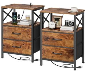 Huuger Nightstands Set of 2, Night Stand with Charger Station, 2 Drawer Side Table with Open Shelf, USB-C Port, End Table for Small Spaces, X Shaped Side Rail, Rustic Brown