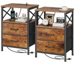 Huuger Nightstands Set of 2, Night Stand with Charger Station, 2 Drawer Side Table with Open Shelf, USB-C Port, End Table for Small Spaces, X Shaped Side Rail, Rustic Brown