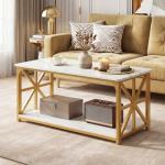 Giantex Farmhouse Coffee Table, 43" Faux Marble Center Table w/Storage & X-Shaped Frames, 2-Tier Modern Accent Cocktail Tea Table, Rectangular Wooden Living Room Tables for Small Spaces, Gold & White