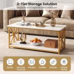 Giantex Farmhouse Coffee Table, 43" Faux Marble Center Table w/Storage & X-Shaped Frames, 2-Tier Modern Accent Cocktail Tea Table, Rectangular Wooden Living Room Tables for Small Spaces, Gold & White