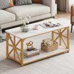 Giantex Farmhouse Coffee Table, 43" Faux Marble Center Table w/Storage & X-Shaped Frames, 2-Tier Modern Accent Cocktail Tea Table, Rectangular Wooden Living Room Tables for Small Spaces, Gold & White