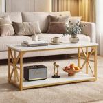 Giantex Farmhouse Coffee Table, 43" Faux Marble Center Table w/Storage & X-Shaped Frames, 2-Tier Modern Accent Cocktail Tea Table, Rectangular Wooden Living Room Tables for Small Spaces, Gold & White