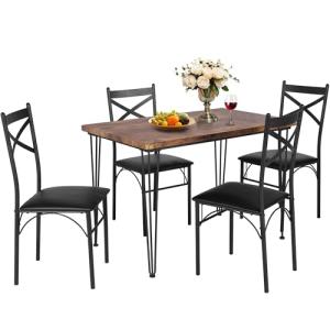 VECELO Dining Table Set for 4, Kitchen Table Set with 4 Chairs for Small Space, Space-Saving and Modern Design, Apartment, Easy to Assemble,Classic Brown