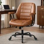 YUNSCEND Brown Leather Office Chair with Quiet Rubber Wheels and Lumbar Support, Mid-Back Ergonomic Desk Chair with Removable Armrests, Height Adjustable Computer Chair for Home Office