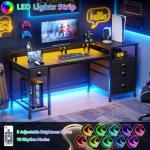 Furologee 60" Black Computer Desk with 4 Drawers and Printer Space, Gaming Desk with LED Lights and USB Power Outlets, Home Office Desk with Fabric File Cabinet,Study Work Table with Shelf for Bedroom