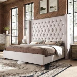 PaPaJet Queen Size Bed Frame with 61.4" Tall Wingback Design Headboard, Velvet Upholstered Platform, Handmade Deep Button Tufting, Solid Wood Legs, No Box Spring Needed, Cream