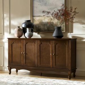 HULALA HOME Sideboard Buffet Cabinet with Storage, 58" Kitchen Farmhouse Wood Credenza Storage Cabinet with 4 Doors & 2 Shelves, Accent Console Table with Solid Wood Legs & Adjustable Shelves, Walnut