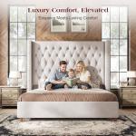 PaPaJet Queen Size Bed Frame with 61.4" Tall Wingback Design Headboard, Velvet Upholstered Platform, Handmade Deep Button Tufting, Solid Wood Legs, No Box Spring Needed, Cream