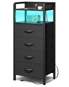Lazzanto Night Stand Bedside Table Bedroom - Tall Nightstand with Charging Station & LED Light Strip, Bed Side Table with Storage Shelf & 4 Fabric Drawers, 2 U-S-B Ports & 2 AC Outlets