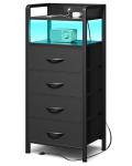 Lazzanto Night Stand Bedside Table Bedroom - Tall Nightstand with Charging Station & LED Light Strip, Bed Side Table with Storage Shelf & 4 Fabric Drawers, 2 U-S-B Ports & 2 AC Outlets