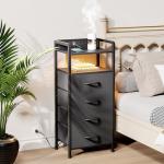 Lazzanto Night Stand Bedside Table Bedroom - Tall Nightstand with Charging Station & LED Light Strip, Bed Side Table with Storage Shelf & 4 Fabric Drawers, 2 U-S-B Ports & 2 AC Outlets