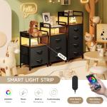 Lazzanto Night Stand Bedside Table Bedroom - Tall Nightstand with Charging Station & LED Light Strip, Bed Side Table with Storage Shelf & 4 Fabric Drawers, 2 U-S-B Ports & 2 AC Outlets