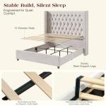 PaPaJet Queen Size Bed Frame with 61.4" Tall Wingback Design Headboard, Velvet Upholstered Platform, Handmade Deep Button Tufting, Solid Wood Legs, No Box Spring Needed, Cream