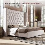 PaPaJet Queen Size Bed Frame with 61.4" Tall Wingback Design Headboard, Velvet Upholstered Platform, Handmade Deep Button Tufting, Solid Wood Legs, No Box Spring Needed, Cream