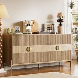 Nidouillet Fluted Storage Cabinets, 4-Door Console Cabinet & Sideboard Buffet with Reinforced Metal Corner Braces, Sturdy TV Stand and Coffee Bar for Living Room, Kitchen, Dining Room, Natural Oak